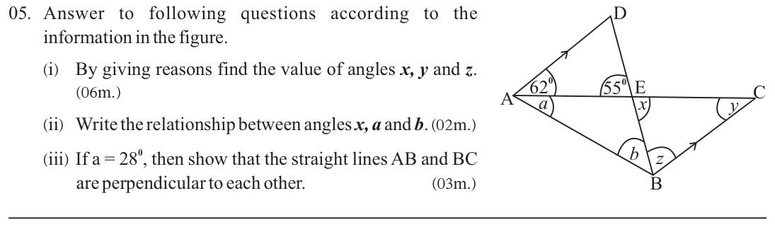 Paper II Part A Q5: Angles with crossing lines and parallel sides; exterior angle relation; prove perpendicular