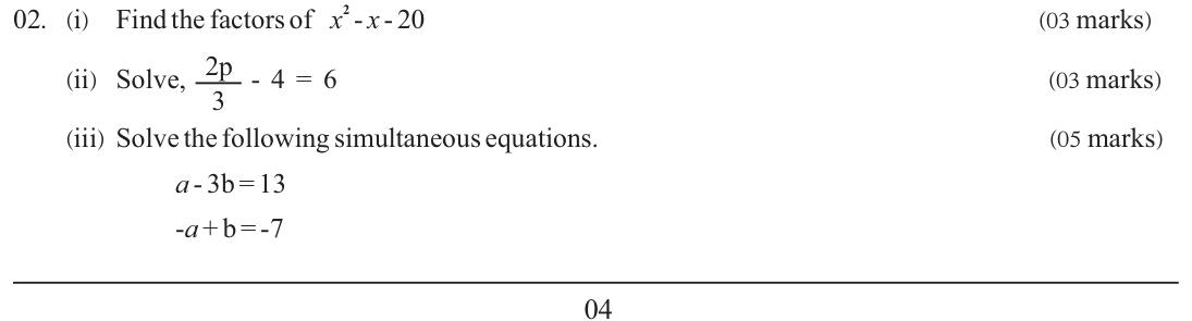 Paper I Part B Q2: Factorise a trinomial; solve linear and simultaneous equations