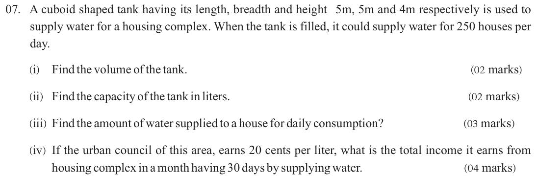 Paper I Part B Q7: Cuboid tank volume, capacity in litres, daily supply and income
