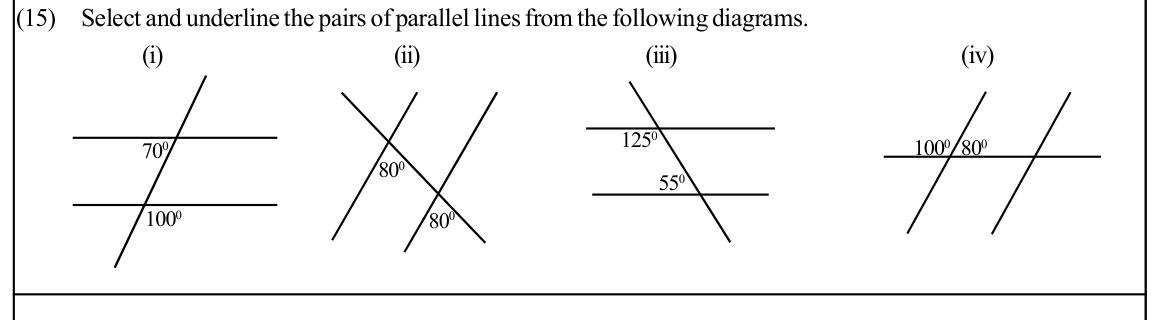 Paper I Part A Q15: Identify which line pairs are parallel from angles