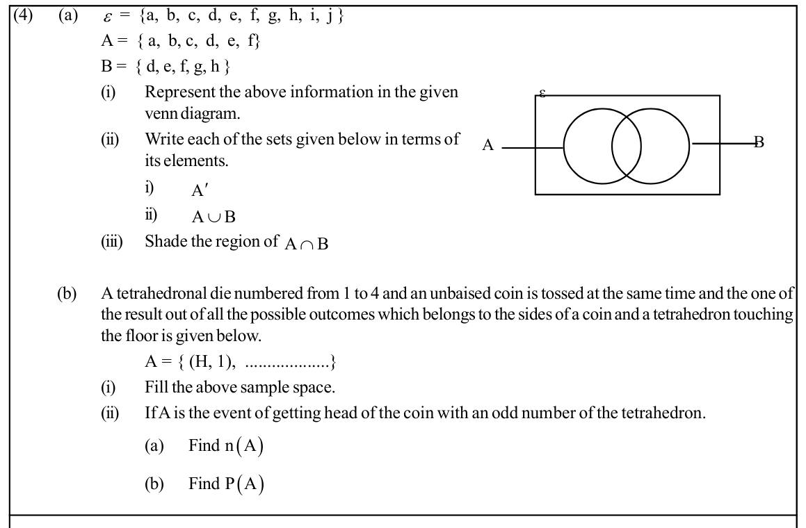 Paper I Part B Q4: Venn diagram from listed sets; coin and tetrahedral die sample space