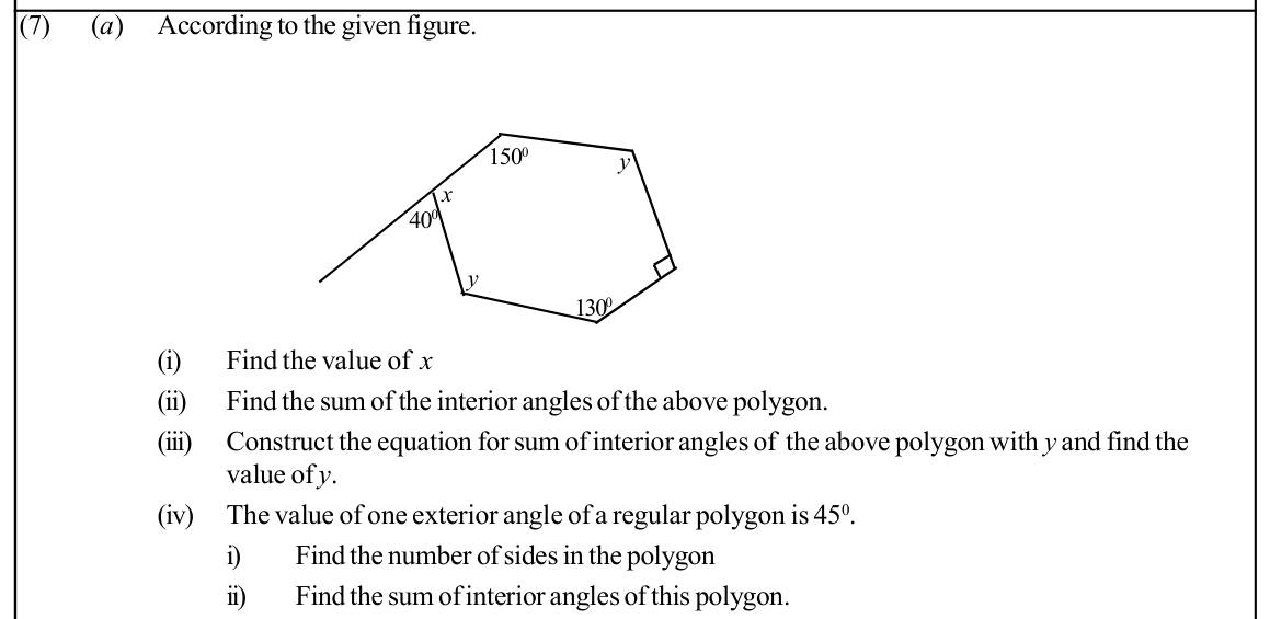 Paper I Part B Q7: Hexagon angles from an exterior angle; regular polygon from exterior angle