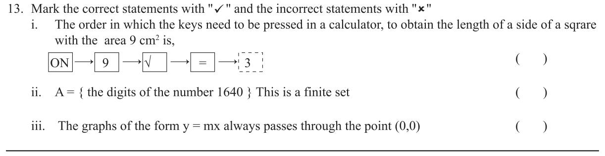 Paper I Part A Q13: True/false: calculator keys, finite set, line through origin