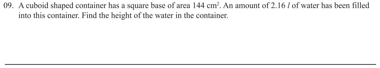 Paper I Part A Q9: Water height in a square-based cuboid from litres