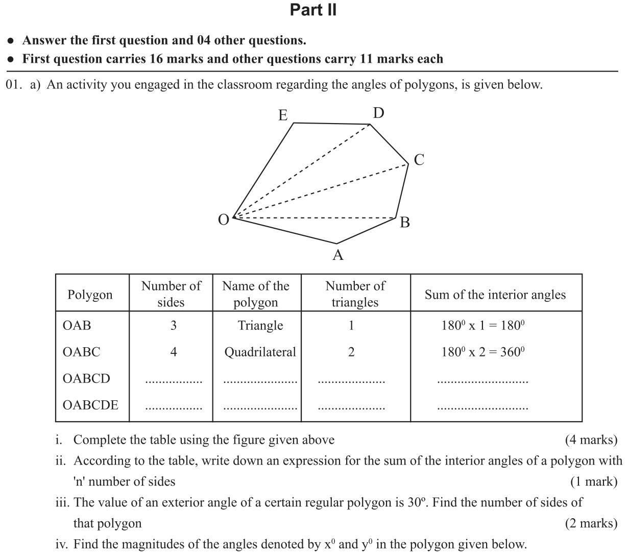 Paper II Part A Q1: Polygon angle sums, exterior angles; algebraic fractions; simultaneous equations