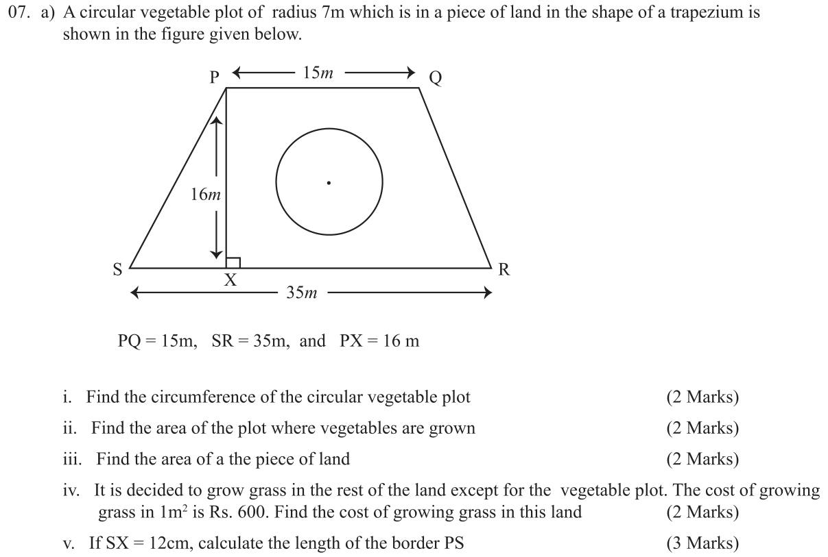 Paper II Part A Q7: Circular plot in a trapezium: circumference, areas, cost, slant side