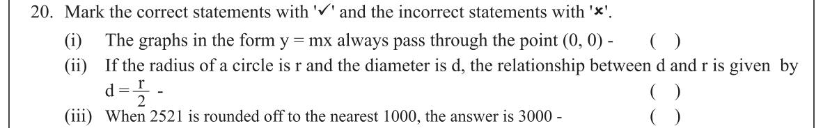 Paper I Part A Q20: True or false: line through origin, diameter formula, rounding