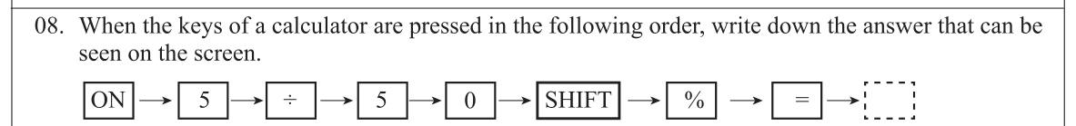 Paper I Part A Q8: Calculator display for a key sequence using the percent function