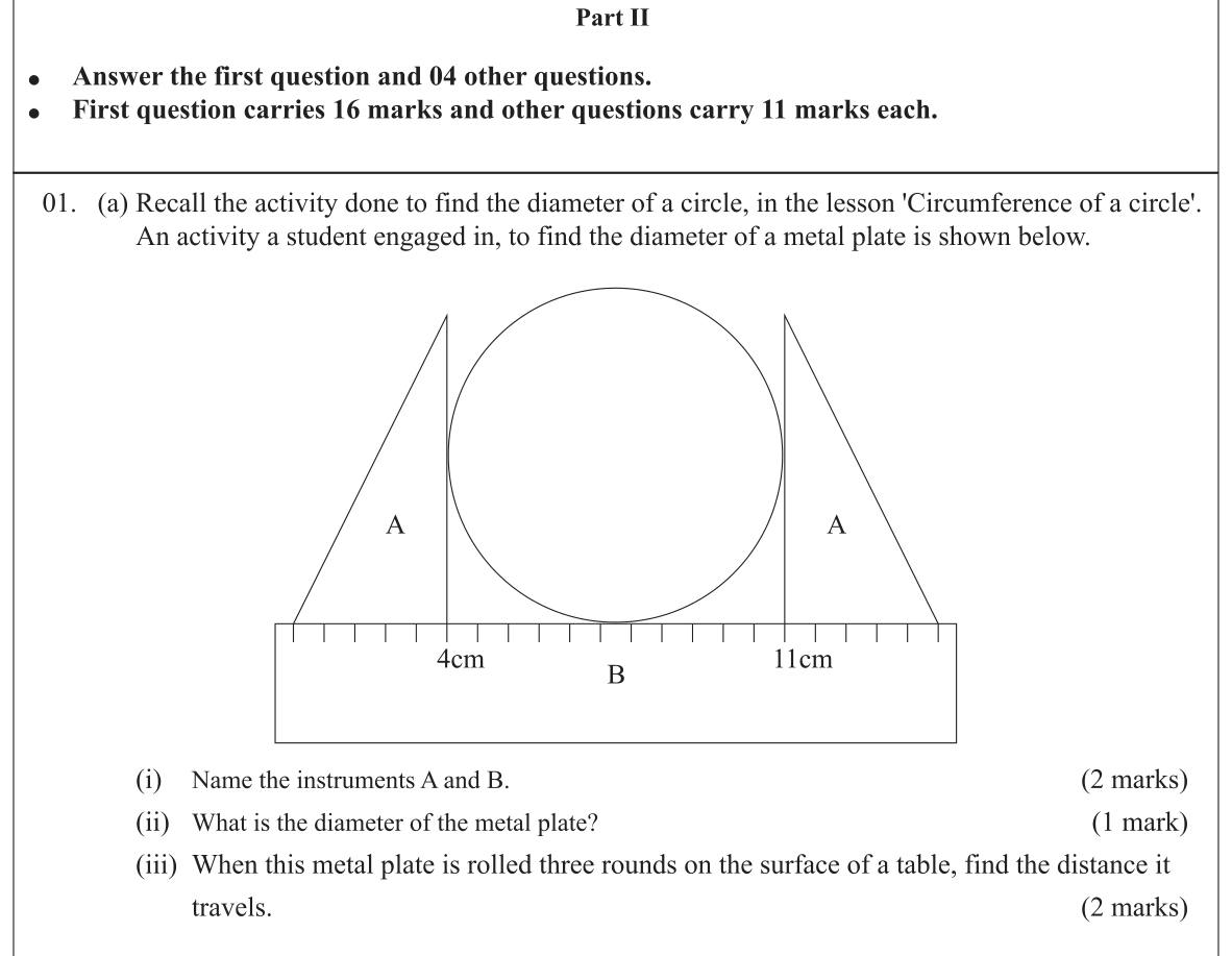 Paper I Part B Q1(a): Diameter using set squares and a ruler; distance for three turns