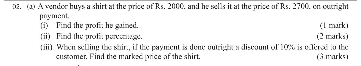 Paper I Part B Q2(a): Profit, profit percentage and marked price before a cash discount