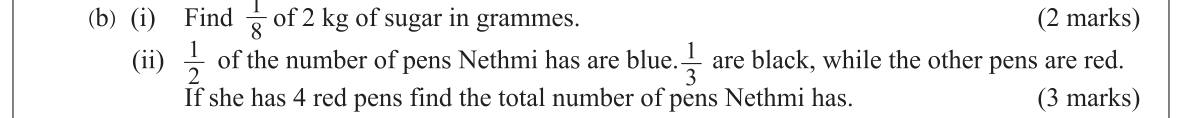 Paper I Part B Q2(b): Fraction of a mass; total pens from fractional parts