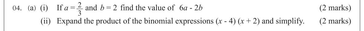 Paper I Part B Q4(a): Substitute fractional values; expand a product of binomials