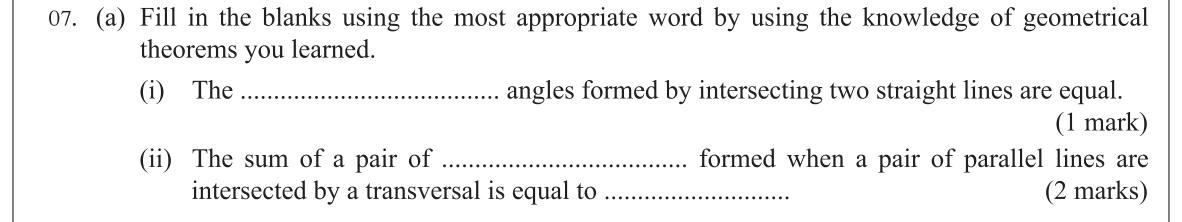 Paper I Part B Q7(a): Name angle facts for intersecting and parallel lines