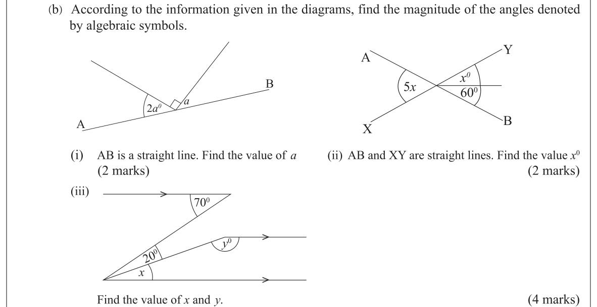 Paper I Part B Q7(b): Unknown angles on a line, at crossing lines and with parallels