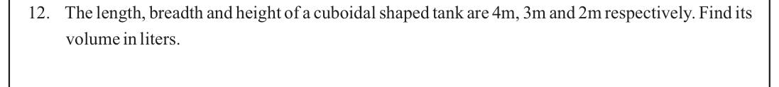 Paper I Part A Q12: Volume in litres of a cuboid tank