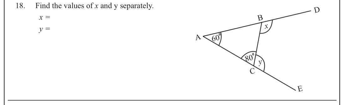 Paper I Part A Q18: Exterior angle and angle on a straight line in a triangle