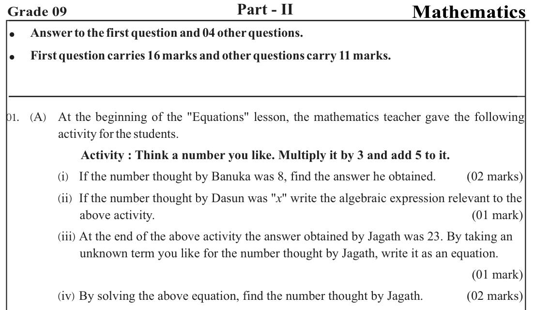 Paper I Part B Q1(a): Number-trick activity: expression, equation and its solution