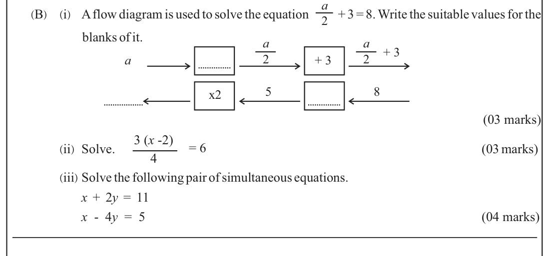 Paper I Part B Q1(b): Flow-diagram solution, equation with a fraction, simultaneous equations