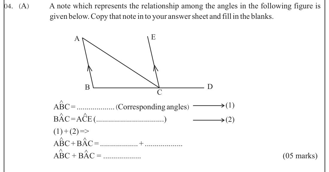 Paper I Part B Q4(a): Complete a proof that an exterior angle equals interior opposite angles