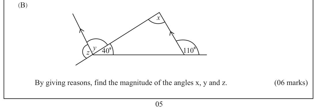 Paper I Part B Q4(b): Angles with parallel lines and an exterior angle, with reasons