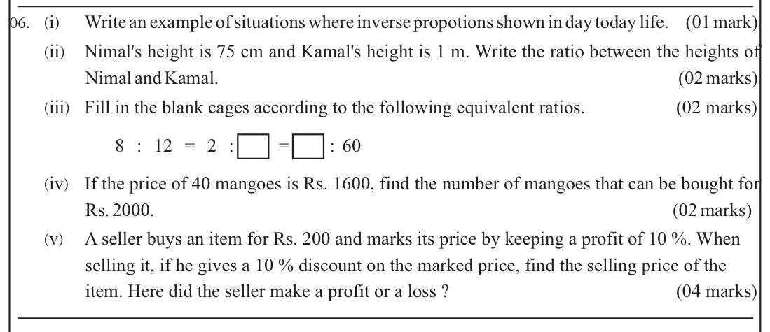 Paper I Part B Q6: Proportion example, ratios, unit price, marked price with discount