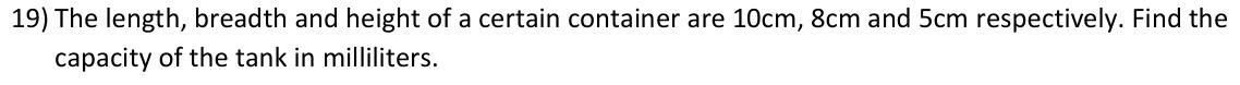 Paper I Part A Q19: Capacity in millilitres of a cuboid container