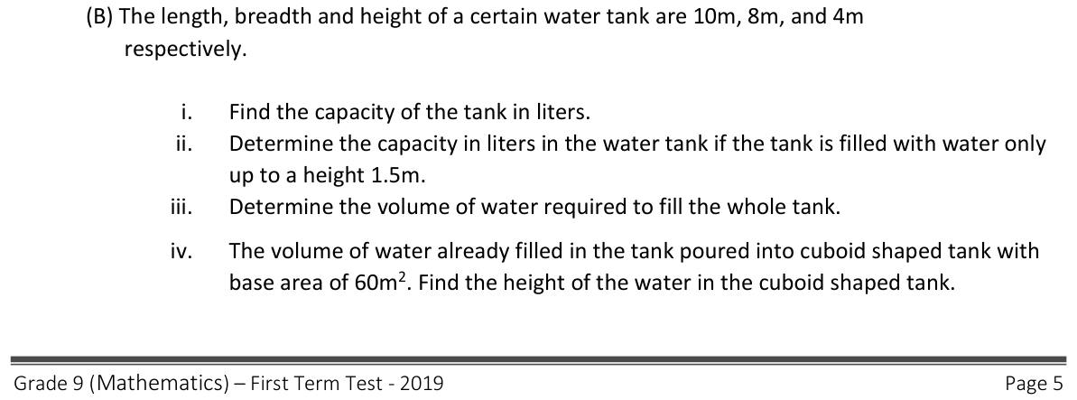 Paper II Part A Q3(b): Tank capacity in litres, partial filling, and water depth in another tank