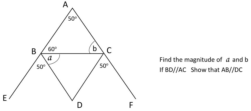 Paper II Part A Q4(b): Angles in a triangle on straight lines; show two lines parallel