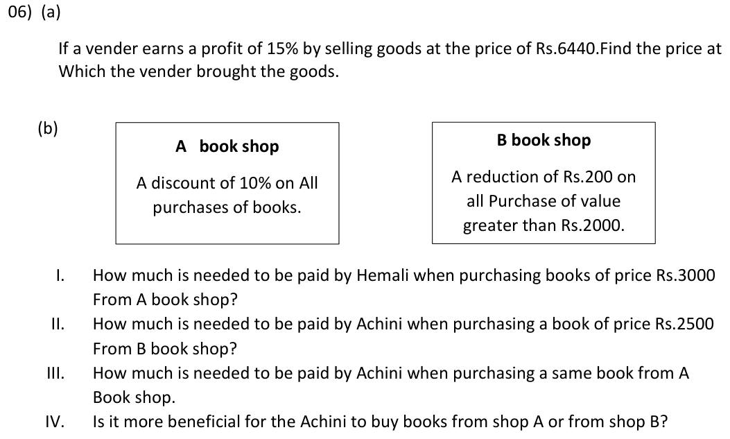 Paper II Part A Q6: Cost price from a profit percentage; compare two shop discounts