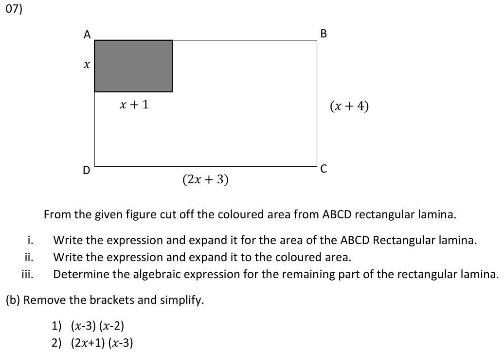 Paper II Part A Q7: Area expressions for a rectangle with a piece removed; expand binomial products