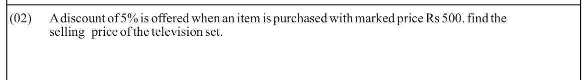 Paper I Part A Q2: Selling price after a percentage discount