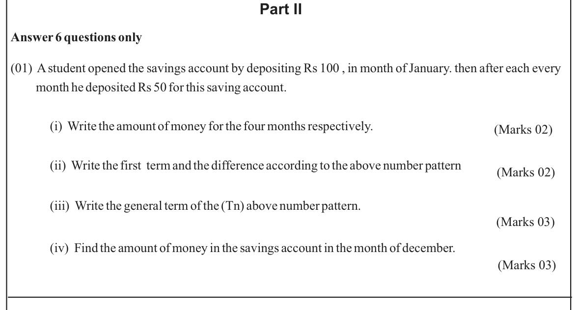 Paper I Part B Q1: Savings deposits as a number pattern; general term and December amount