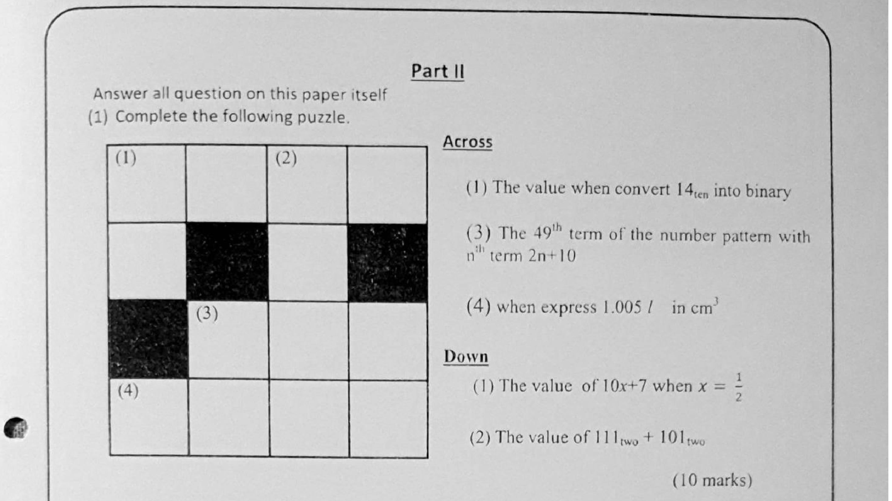 Paper I Part B Q1: Number crossword: binary, pattern term, litres to cm3, substitution