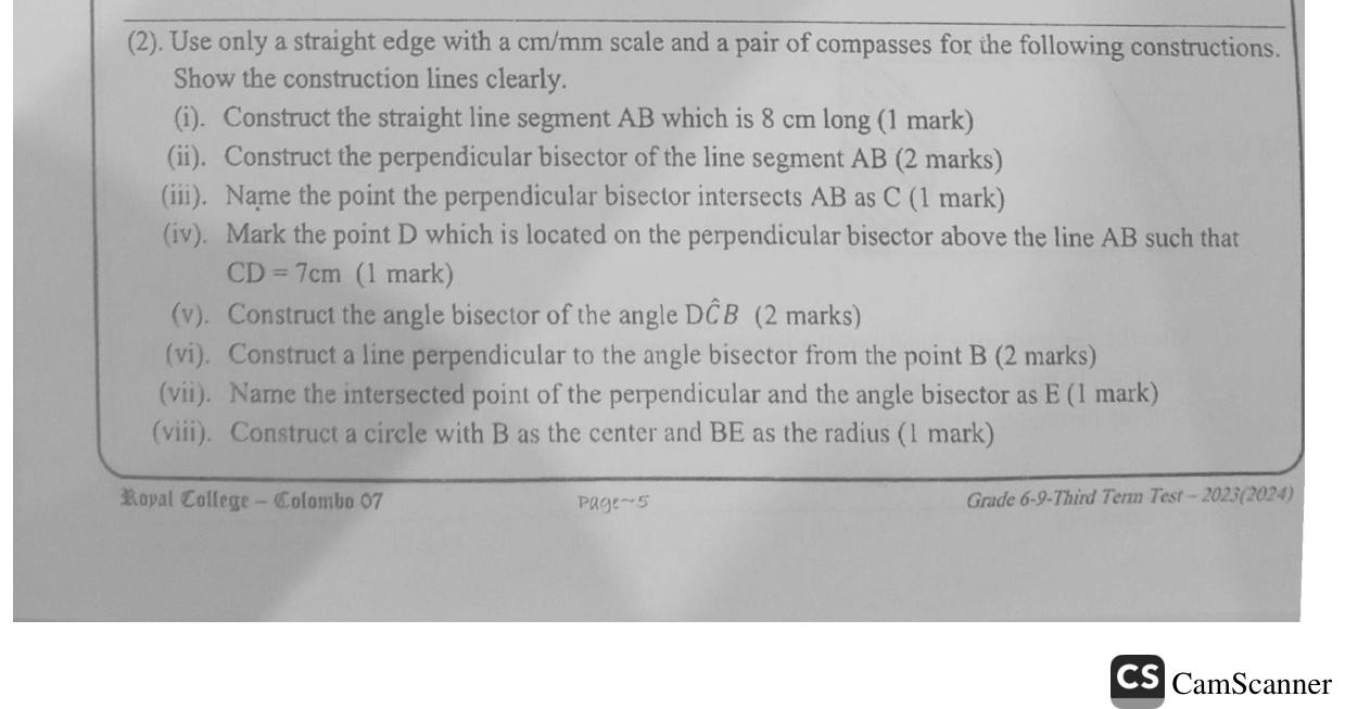 Paper I Part B Q2: Perpendicular bisector, point at given height, angle bisector, perpendicular, circle