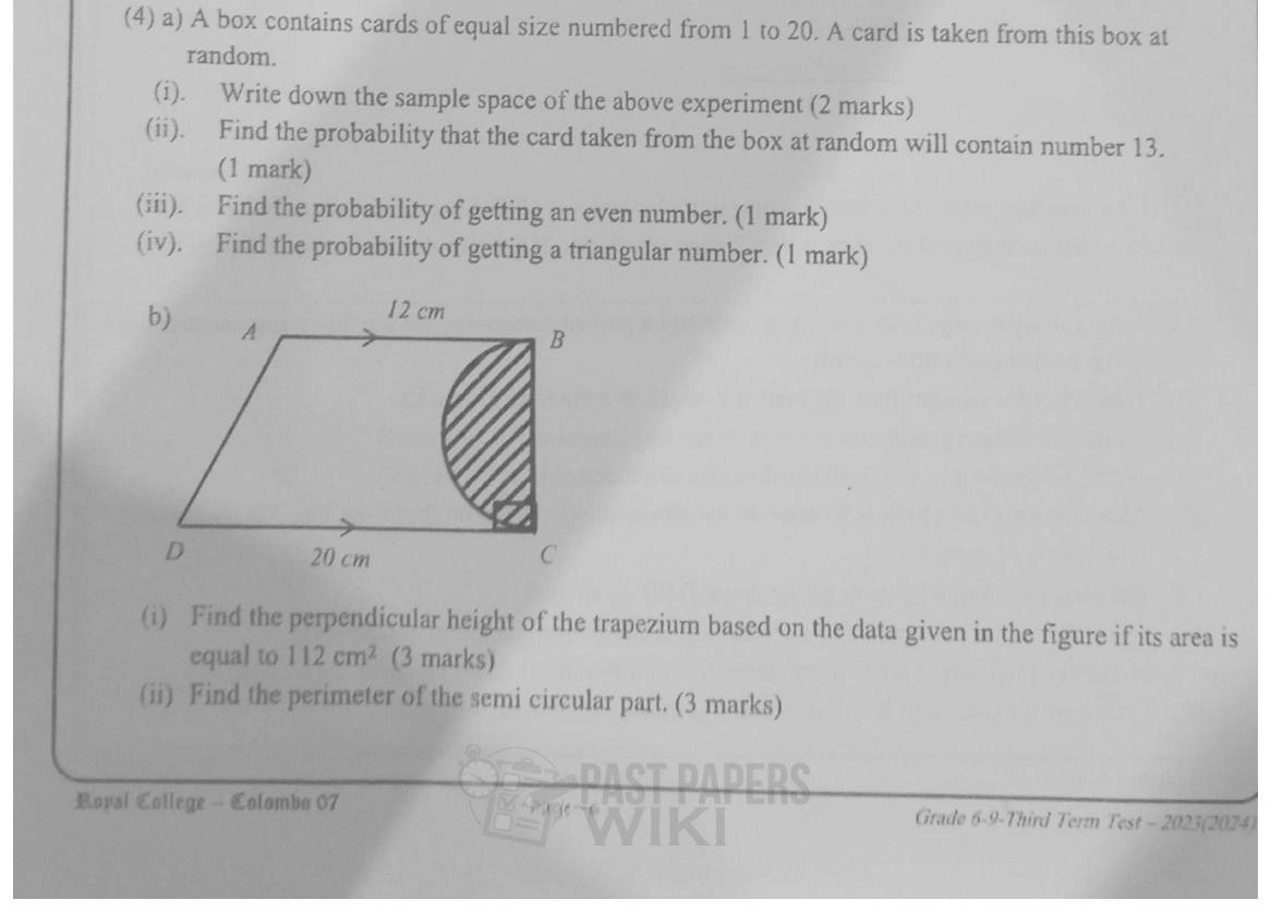 Paper I Part B Q4: Card probabilities; trapezium height from area; semicircle perimeter