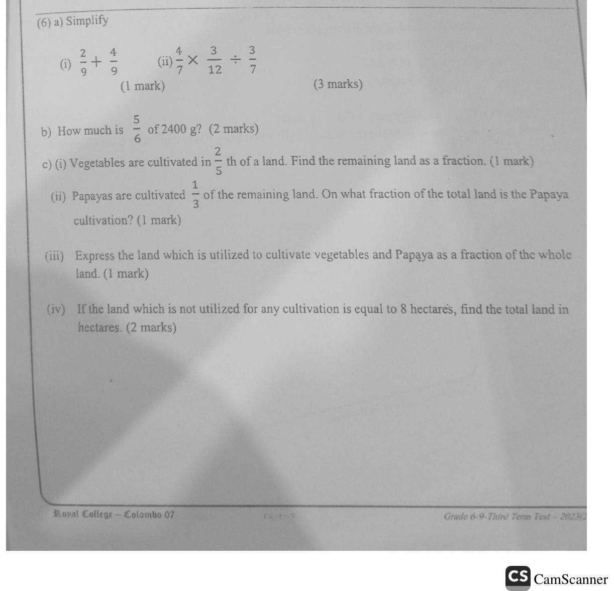 Paper I Part B Q6: Fraction operations and fractions of a cultivated land