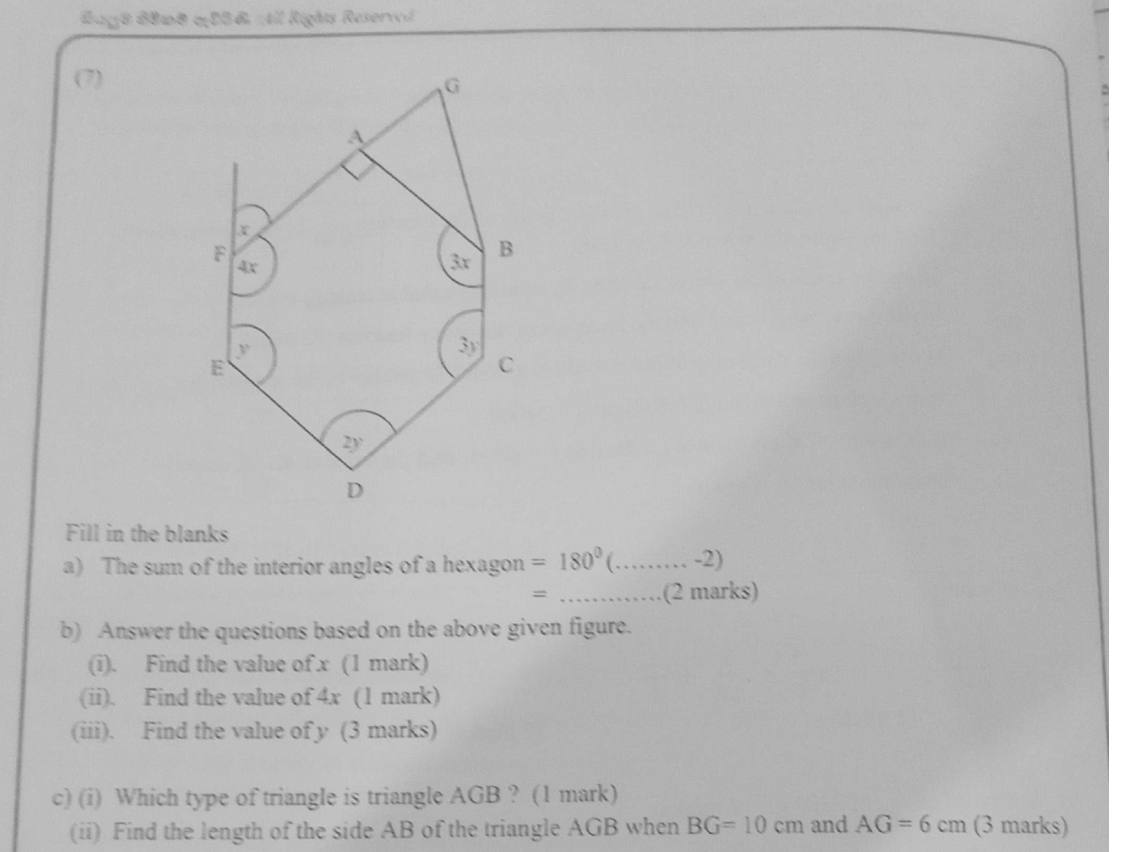Paper I Part B Q7: Hexagon angle sum, unknown angles, right triangle side by Pythagoras
