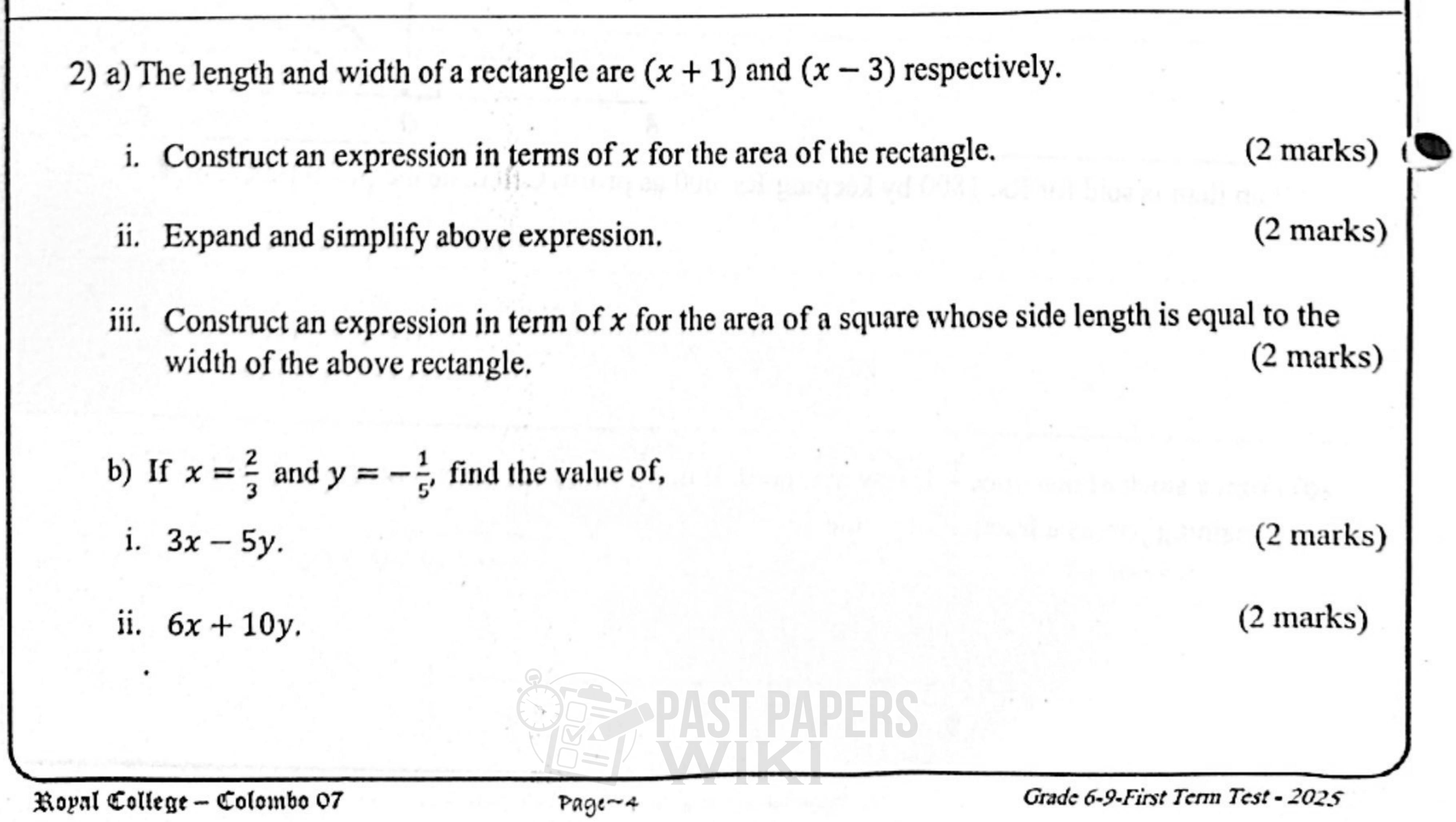 Paper II Part A Q2: Rectangle and square areas as algebraic expressions; substitution of fractions