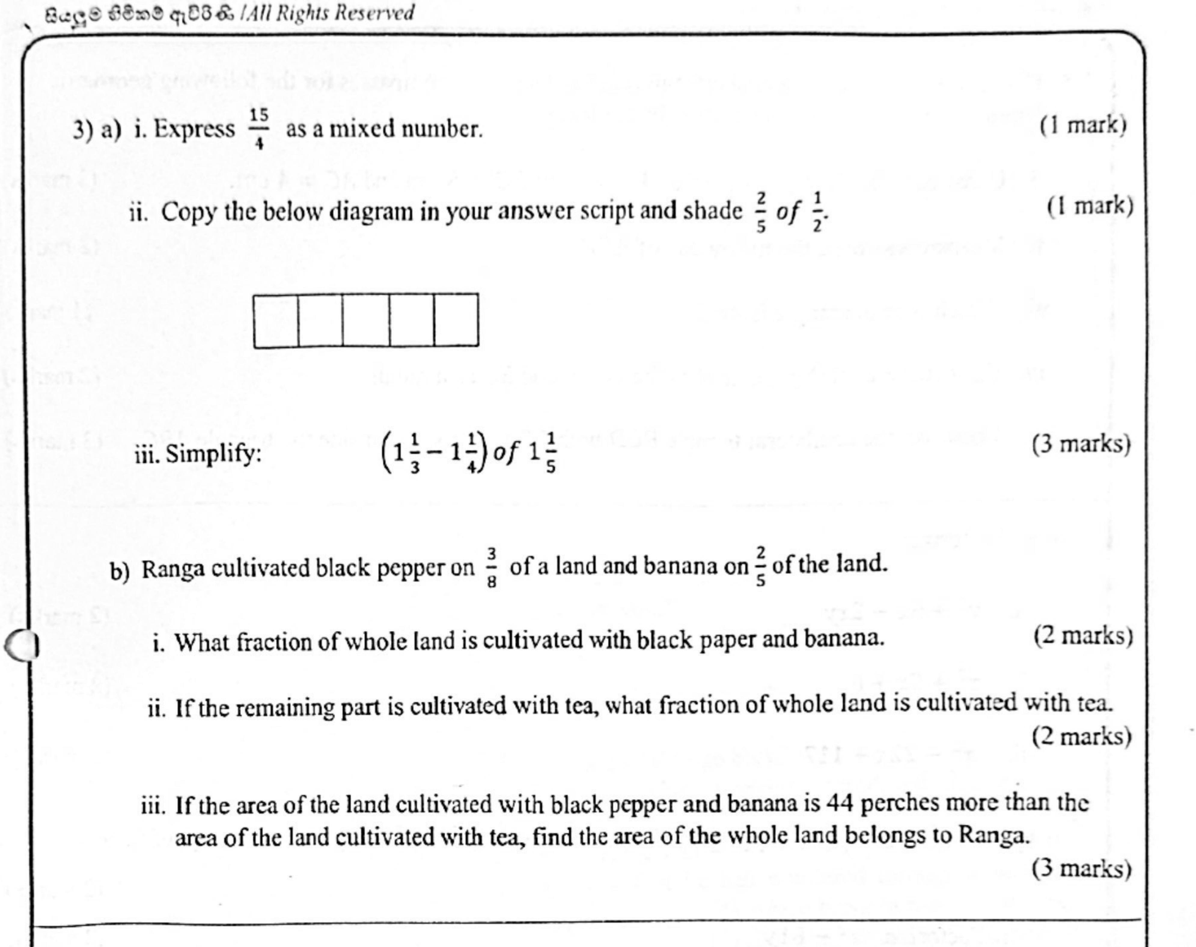 Paper II Part A Q3: Mixed number, shaded fraction of a fraction, simplification; land use fractions