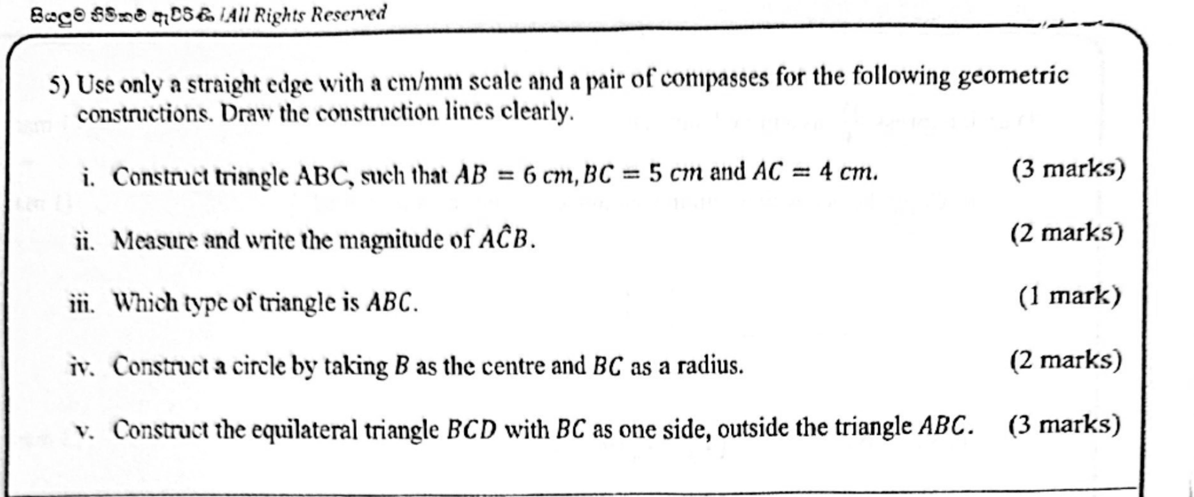 Paper II Part A Q5: Construct a triangle from three sides; measure angle; circle; equilateral triangle