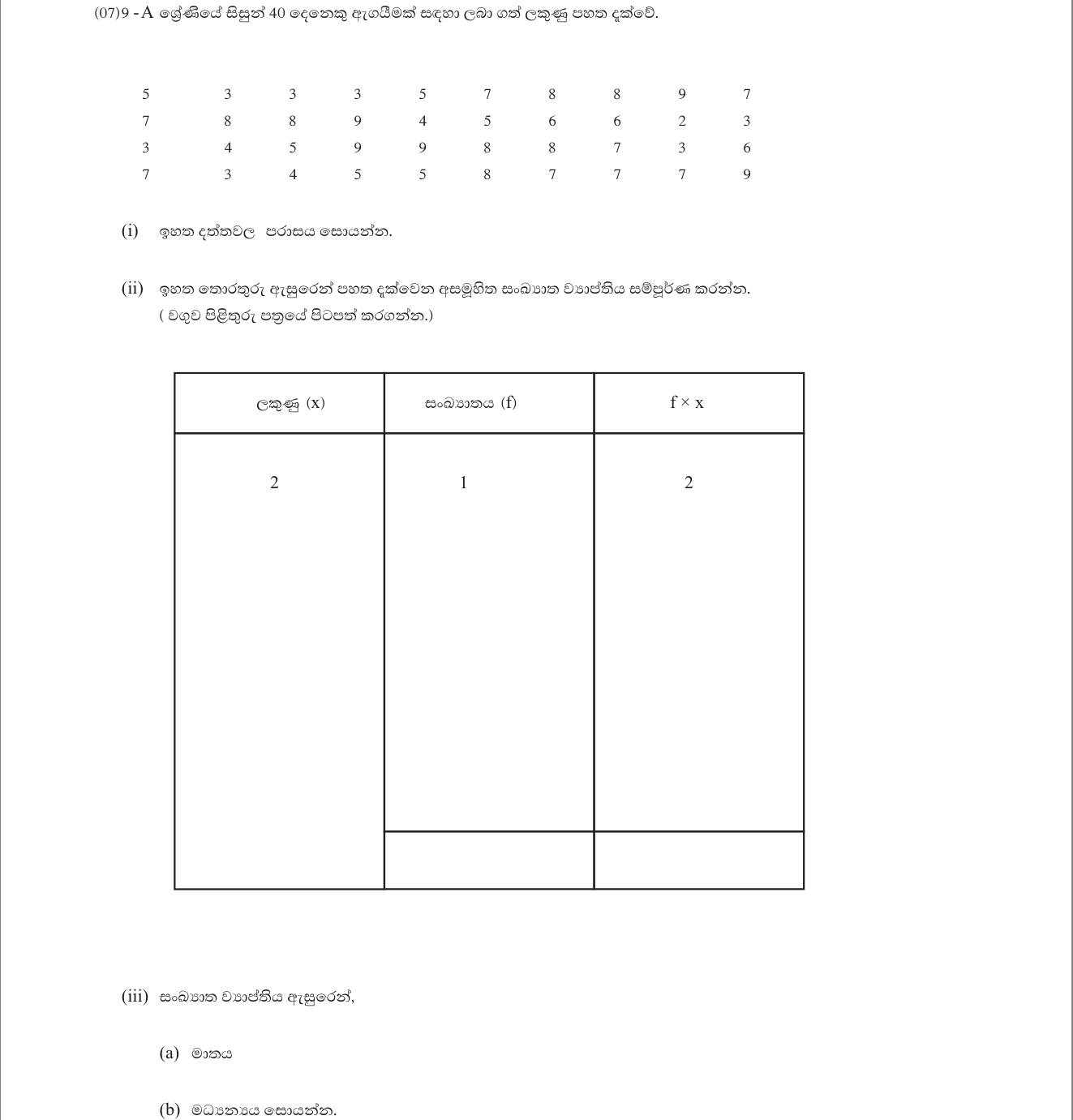 Paper I Part B Q7: Range, frequency table, mode and mean of 40 marks