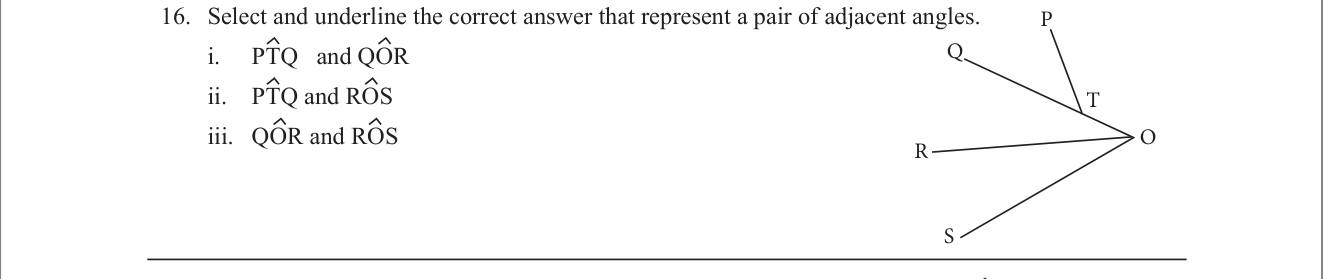 Paper I Part A Q16: Identify a pair of adjacent angles