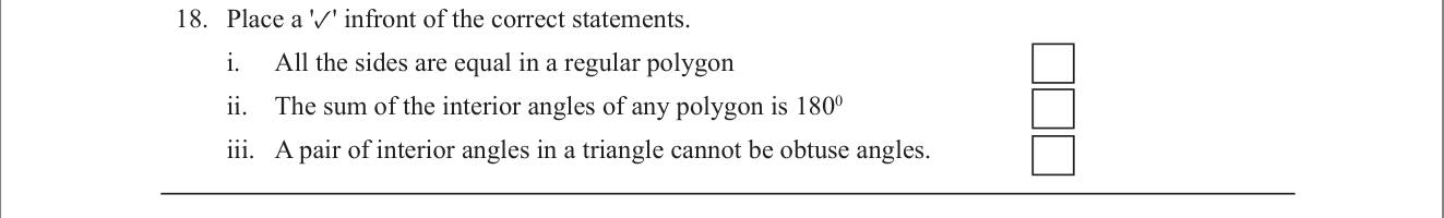 Paper I Part A Q18: True or false statements about polygons and triangles