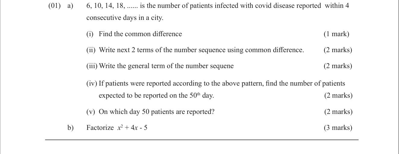 Paper II Part A Q1: Daily patient count pattern: difference, terms, general term, nth term; factorise trinomial