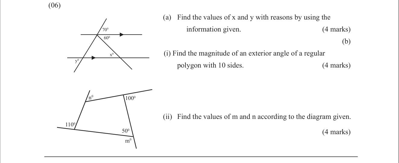 Paper II Part A Q6: Angles with parallel lines; regular decagon exterior angle; exterior angle sum