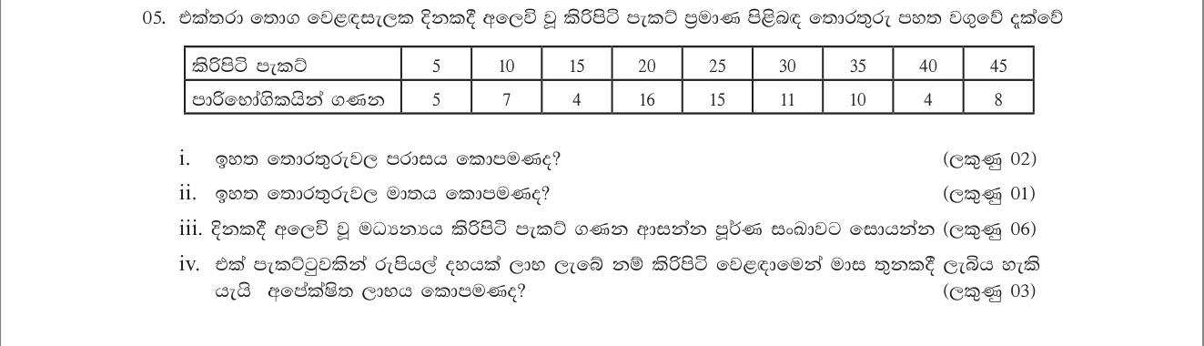Paper II Part A Q5: Milk packet sales table: range, mode, mean, expected profit over months