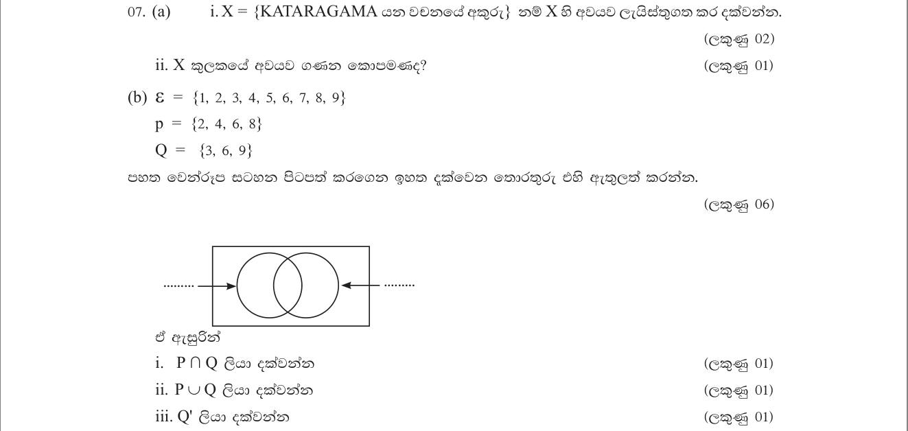 Paper II Part A Q7: List a set of letters; Venn diagram of two sets; intersection, union, complement