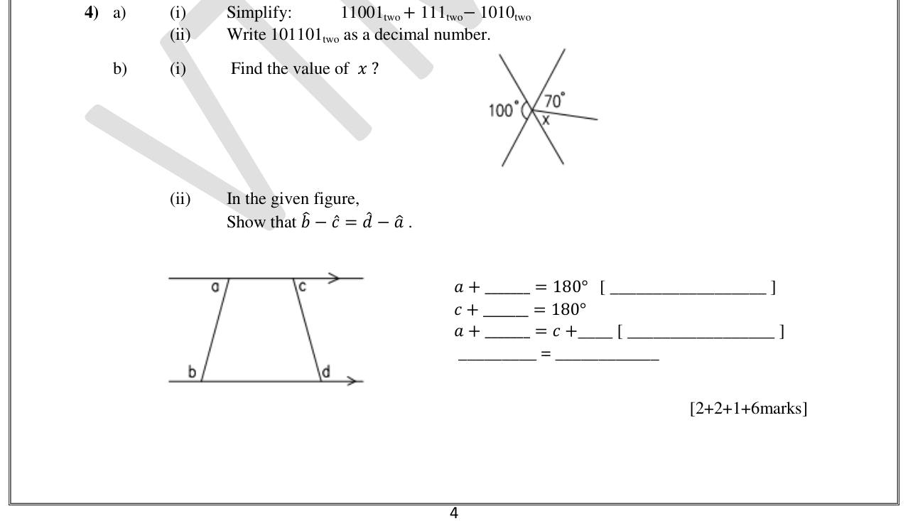 Paper I Part B Q4: Binary add and subtract; angles at intersecting and parallel lines