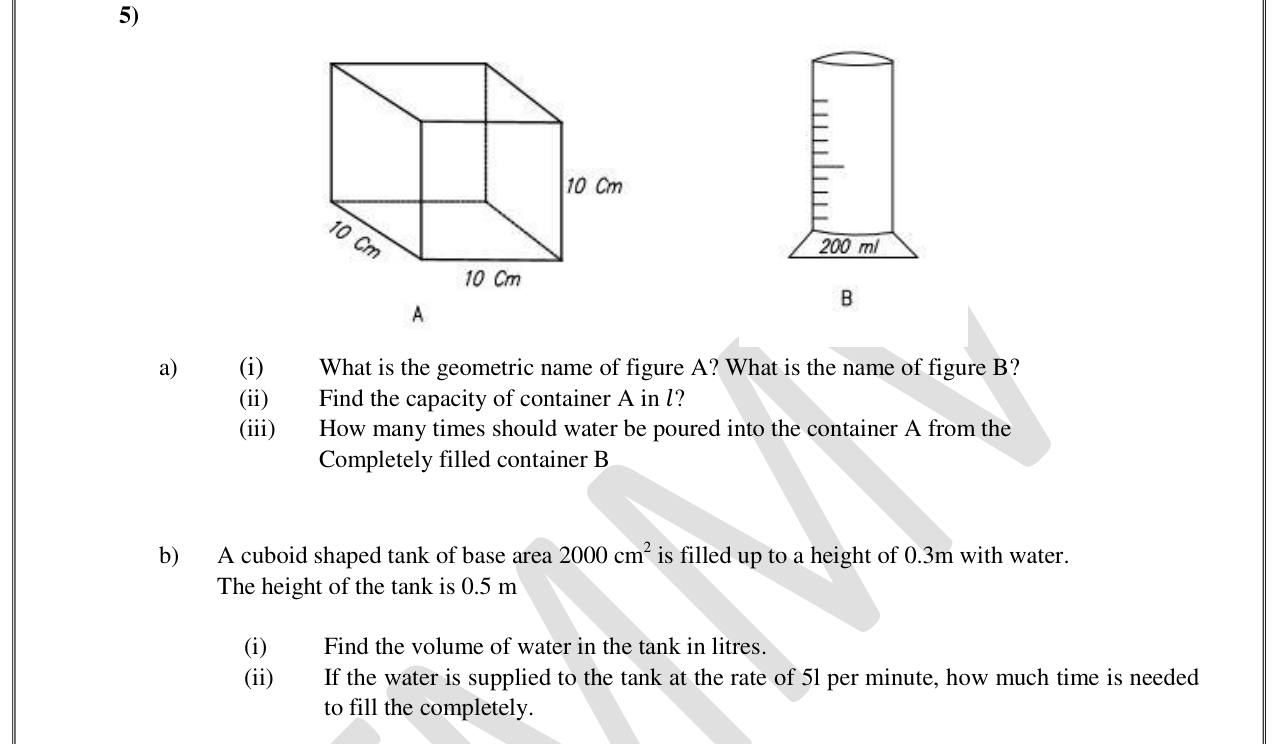 Paper I Part B Q5: Capacity of a cube container, pours from a measure, tank volume and filling time