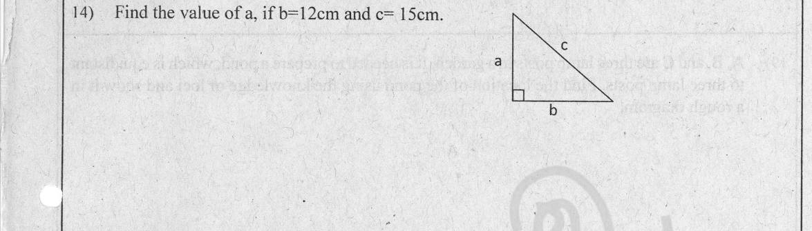 Paper I Part A Q14: Missing side of a right triangle by Pythagoras